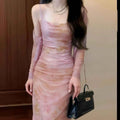 New Chinese Style Printed Stretch Mesh Fitted Long Dress