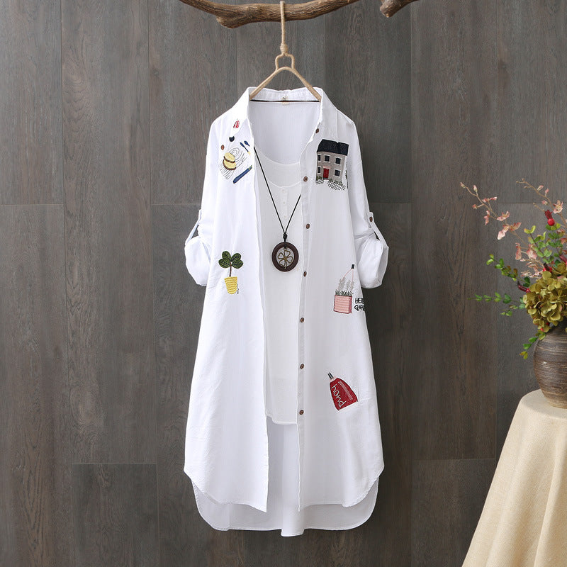 Korean Cotton Embroidered Long Sleeve Casual Shirt, Sun Protection