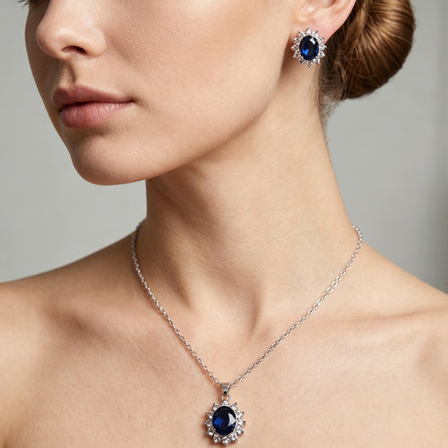 Western Premium Crystal Sapphire Royal Princess Style of Stud Earring Necklace Set Overseas Accessory Bestseller 3625