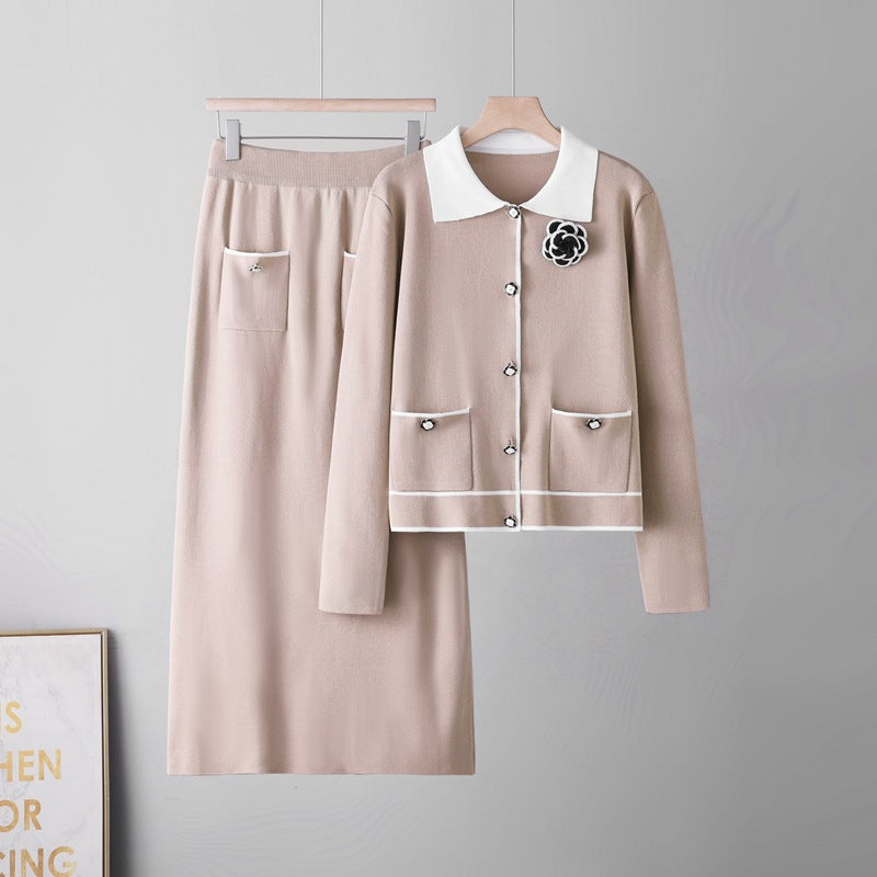 Fall-Winter Korean Knit Wool Camellia Skirt + Sweater + Top 2-Piece Set