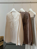 Summer Slimming Linen Cotton Lace Long Sleeve V-Neck Patchwork Heavy Shirt