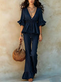 Summer Casual Fashion Short Sleeve V-Neck Tie-Front Ruffle Shirt Set