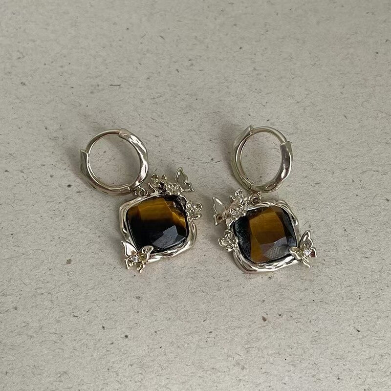 18K Gold-Plated Zircon Butterfly Tiger's Eye Stud Earrings - view 11