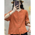 Women's Summer New Chinese Linen Cotton Embroidered Lantern Sleeve Lantern Shirt 2026 - Purple