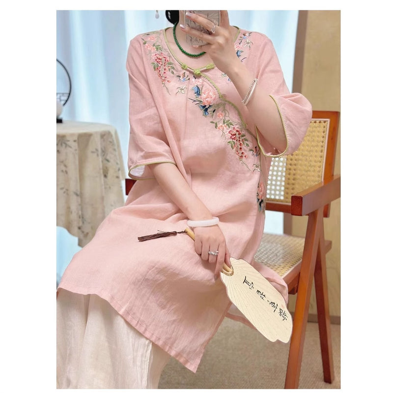Modified Cheongsam Dress, Chinese Style Embroidered Short Sleeve