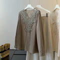 Summer Slimming Linen Cotton Lace Long Sleeve V-Neck Patchwork Heavy Shirt
