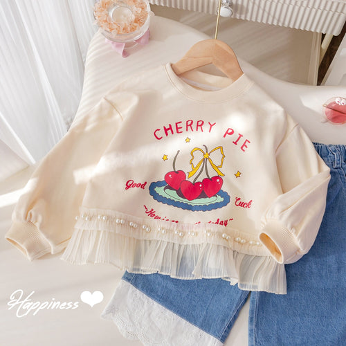 Girls' Cartoon Printed Pullover Hoodie with Pearl Lace