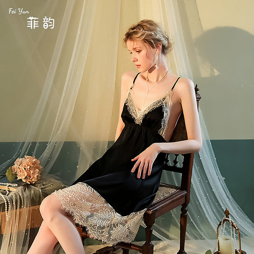菲韵性感睡衣睫毛吊带睡裙冰丝睡衣女睡裙修身露背纯色家居服436