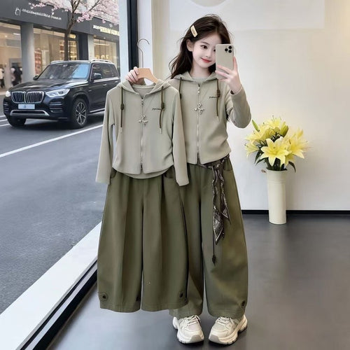 Girls' Korean Short Hooded Top & Wide-Leg Pants Set