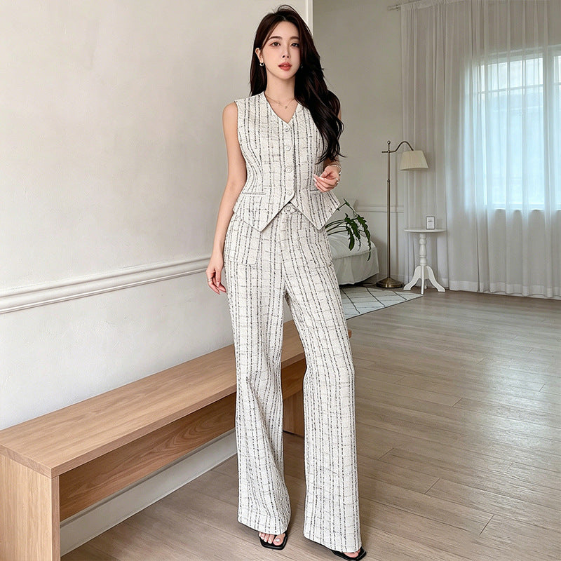 Summer Chanel-Style Office V-Neck High Waist Vest + Pants + Top 2-Piece Set