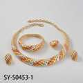 Middle East Bride Bead Gem Jewelry Set Moon Design Diamond Grid Pattern Relief Necklace Bangle Earrings Ring 4-Piece Set