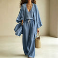Summer Plus Size V-Neck Drawstring Wide Leg Cardigan + Pants 3-Piece Set