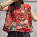 2026夏季韩版宽松文艺苎麻印花圆领木耳边无袖衬衫百搭轻薄小衫女