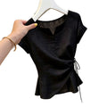 Summer Fashion Slimming Short Sleeve Waist-Tie Patchwork Hollow-Out Shirt