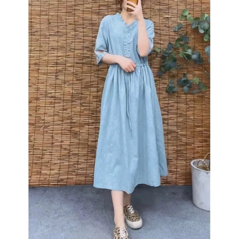 Ethnic Style Embroidered Cotton Jacquard Mid-Length Dress, Fitted Slimming