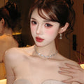 Korean Style ins Rhinestone Fan Shape Teardrop Stud Earring Necklace Set Niche Design Detail Clavicle Chain Personality Elegant Trendy Necklace