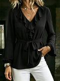 Elegant Slimming Lantern Sleeve Long Sleeve V-Neck Tie-Front Shirt