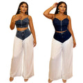 New Best-Selling V-Neck Camisole Top + Pleated Denim-Chiffon Wide Leg Pants Set