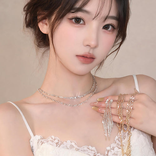 Star Band Layered Full Diamond Double-Layer Cutout Jewelry Set Wedding Gathering Party Necklace Light Luxury Niche Necklace Women