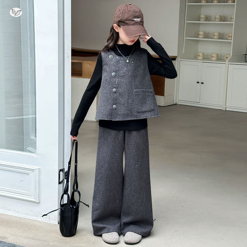 Girls' Tweed Silver Splatter Vest & Wide-Leg Pants - 3-Piece Set