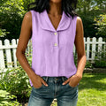 Summer Casual Linen Cotton Sleeveless V-Neck Lapel Collar Loose Shirt + Tank Top