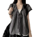Korean Designer Short Sleeve Tie-Front Lace Trim Fake Two-Layer Shirt