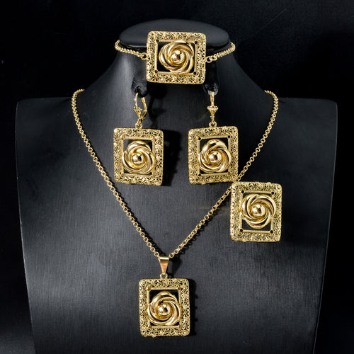 Western Bestseller Overseas 18K Gold Cutout 3 Petal Flower Necklace Bracelet Set Earrings Ring Versatile Women Jewelry Set