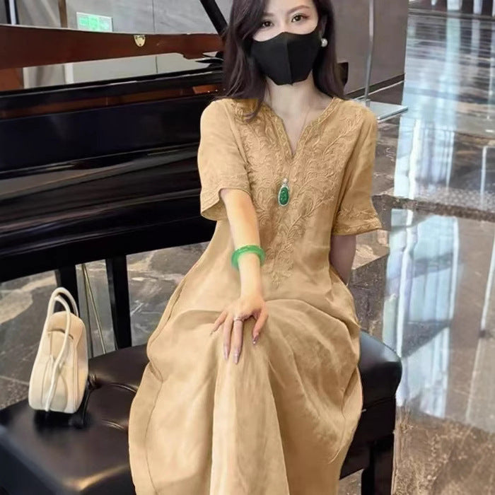 New Chinese Style Heavy Embroidery V-Neck Long Dress, Loose Fit