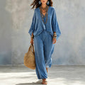 Women's Fall Batwing Sleeve Crew Neck Wide Leg Pants 2-Piece Set 2026 - Blue