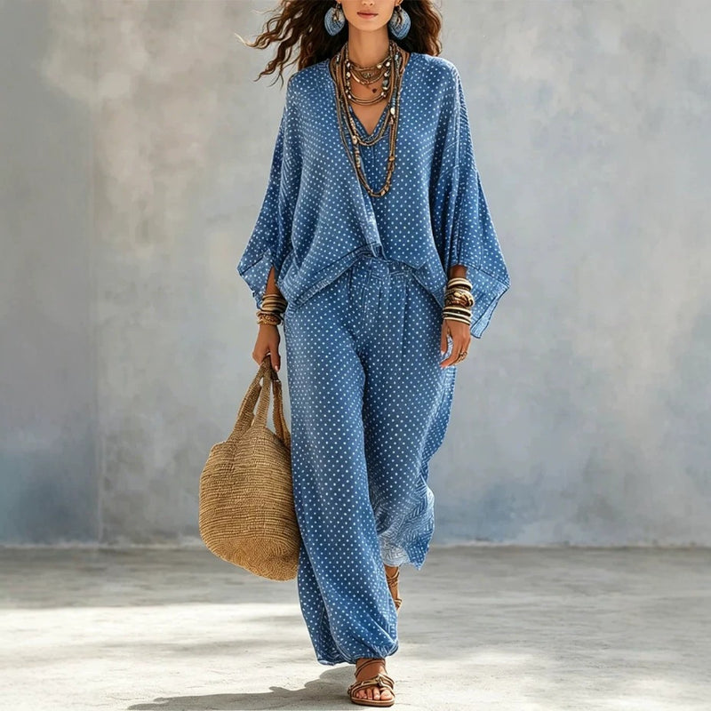 Women's Fall Batwing Sleeve Crew Neck Wide Leg Pants 2-Piece Set 2026 - Blue