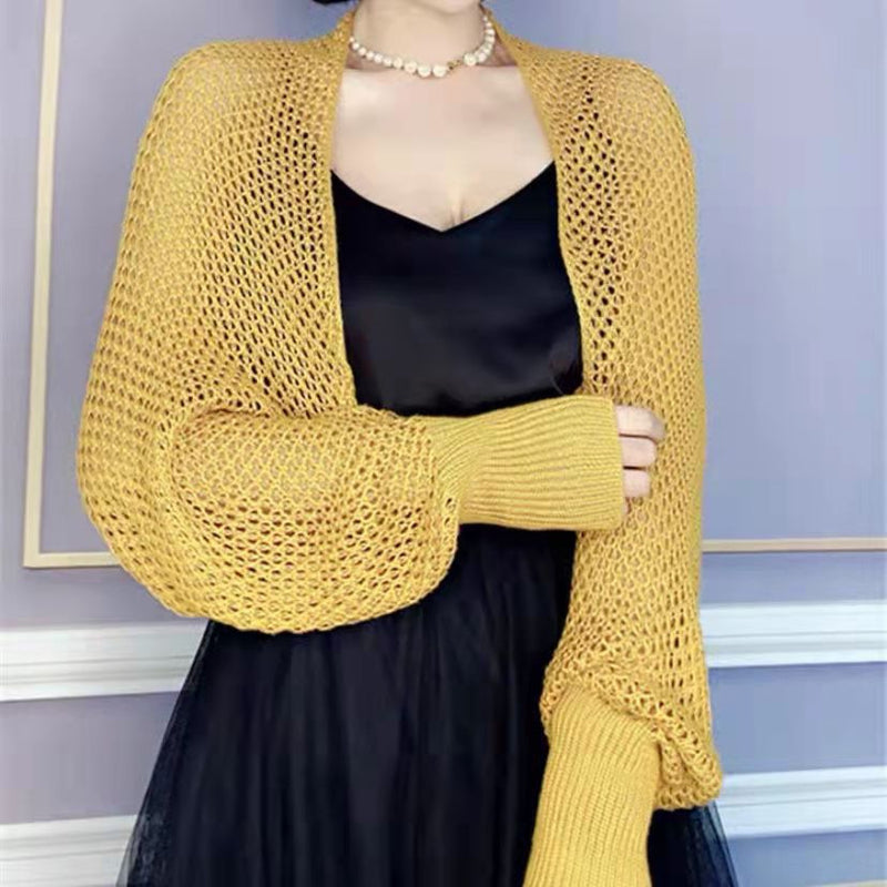 Women's Summer Korean Fashion Knit Long Sleeve Hollow-Out Sun-Protection Lightweight - Coffee Hollow Out Shawl