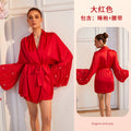 菲韵欧美烫钻缎面新娘晨袍大灯笼闪钻袖V领系带短款睡袍多色1256