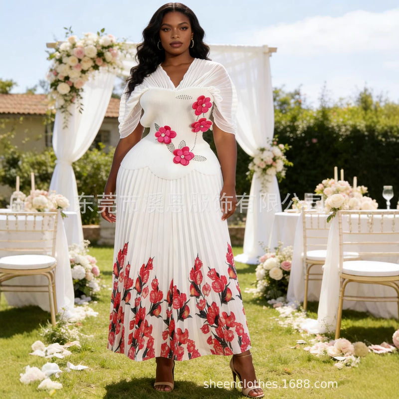 French V-Neck Pleated Printed Crystal Long Skirt + Top 2-Piece Set