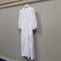 French Elegant Pearl White Dress - Embroidered Hollow V-Neck 3/4 Sleeve Dress
