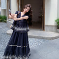 Women's Summer Retro Casual Embroidered Lightweight Skirt Set 2026 - Navy