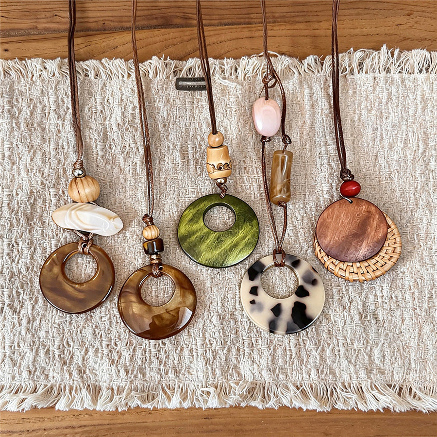 Chinese-Inspired Wooden Round Pendant Necklace - view 2