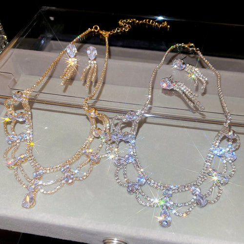 Monet Garden Blue Tone Teardrop Stud Earring Necklace Set Heavy-Duty Full Diamond Choker Retro Socialite Breeze Premium Necklace
