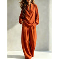 Fall Casual Elegant Long Sleeve Lapel Collar Loose Pants + Top 2-Piece Set