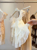 Summer Korean Fashion Mini Flutter Sleeve Tie-Front Ruffle Shirt + Skirt
