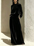 Fall-Winter Casual Slimming Velvet Pleated Wide Leg Pants + Top 2-Piece Set