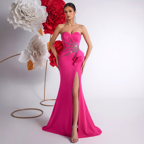 Women's Strapless Embellished Ruffle Slim Fit Evening Gown Banquet