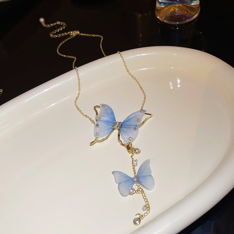 Rhinestone Pearl Butterfly Tassel Necklace – Korean-Inspired Style - view 7