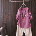 Women's Summer Ethnic Artistic Plus Size Linen Cotton Embroidered Short Sleeve Loose - White