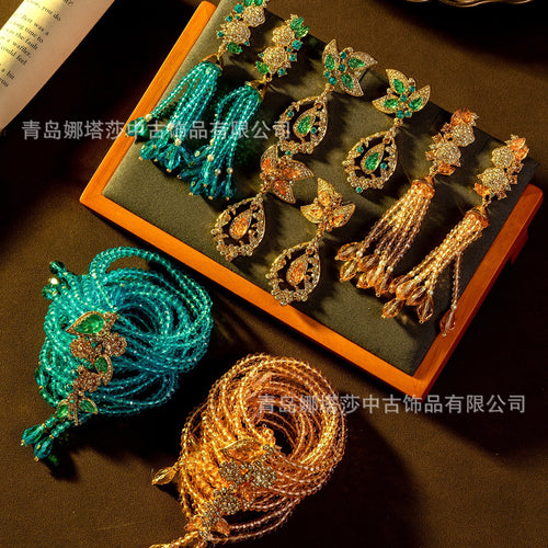 Vintage Earrings Natural Colorful Xiaomi Bead Stud Bracelet French Light Luxury Cutout Fringe Earrings Style With Set
