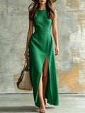 Minimalist Sleeveless Belted Slit Long Dress, Vacation Style