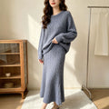 Fall-Winter Elegant Minimal Knit Wool Crew Neck Loose Skirt + Sweater + Top 2-Piece Set