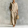 Casual Linen Cotton Wide Leg Pants + Shirt Set