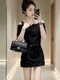 Summer Trendy Fashion Short Sleeve Off-Shoulder Cropped Skirt + Camisole Set