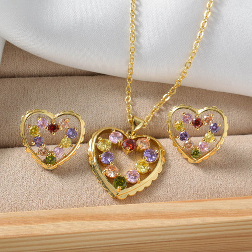 Influencer Mini Set Colorful Cubic Zirconia Heart Pendant Women Day Korean Fashionable Elegant Versatile Bestie Jewelry Cubic Zirconia Set