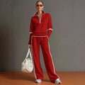 Sporty Casual Stand Collar Color-Block Wide Leg Pants + Hoodie 2-Piece Set